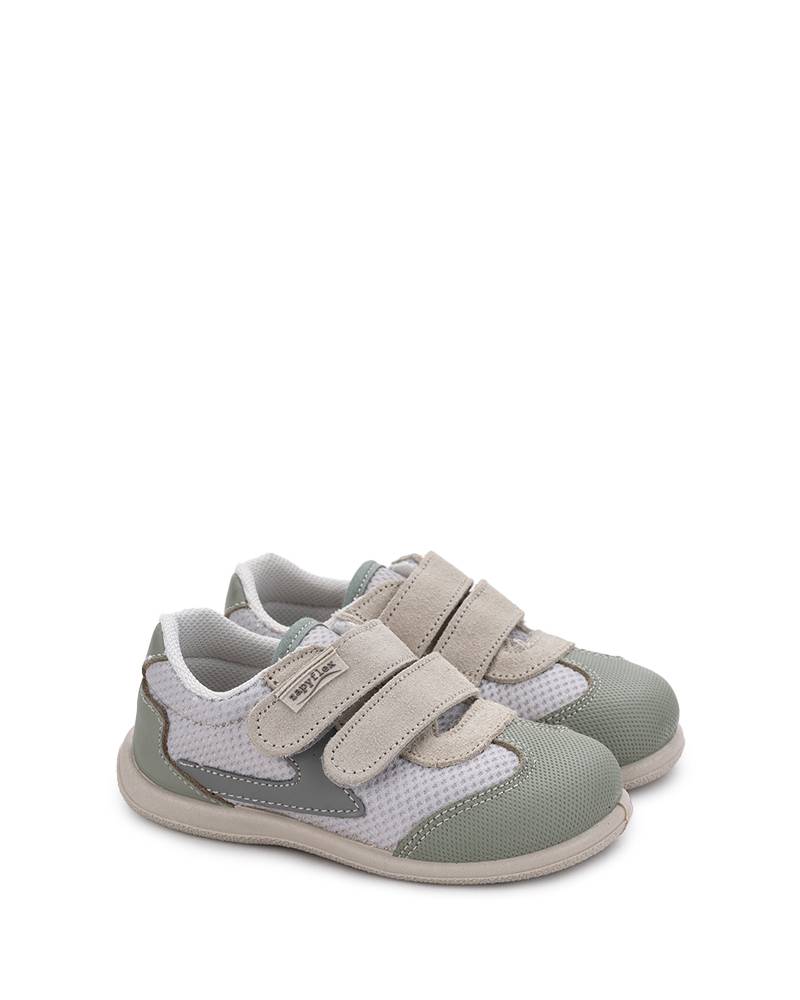 Zapatilla bebé rejilla y piel color piedra-savia Zapy flex principal
