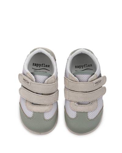Zapatilla bebé rejilla y piel color piedra-savia Zapy flex cenital